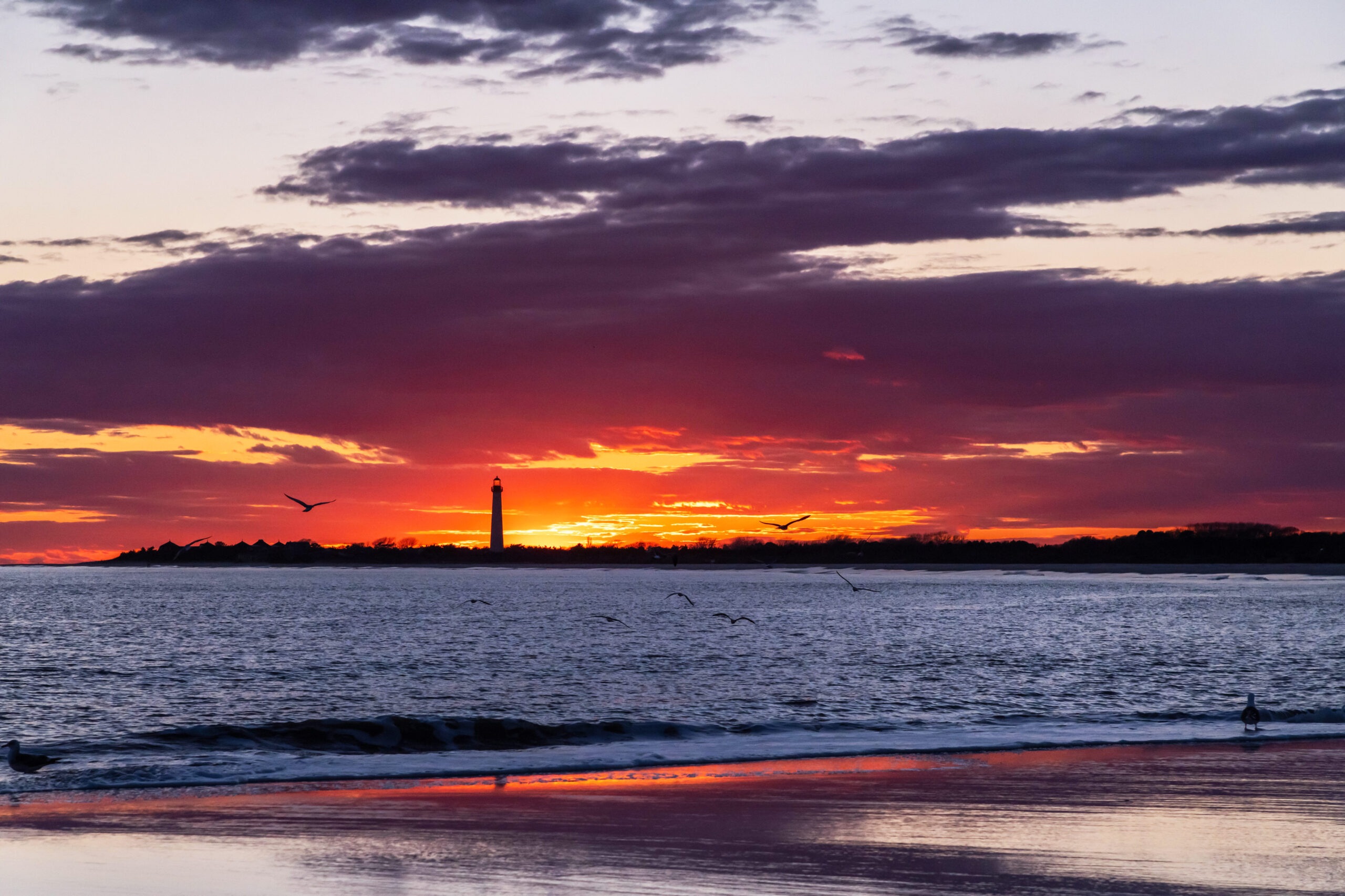 Bright sun at the horizon at sunset behind the lighthouse. There are a few purple and pink clouds in the sky, and seagulls are flying above the ocean.