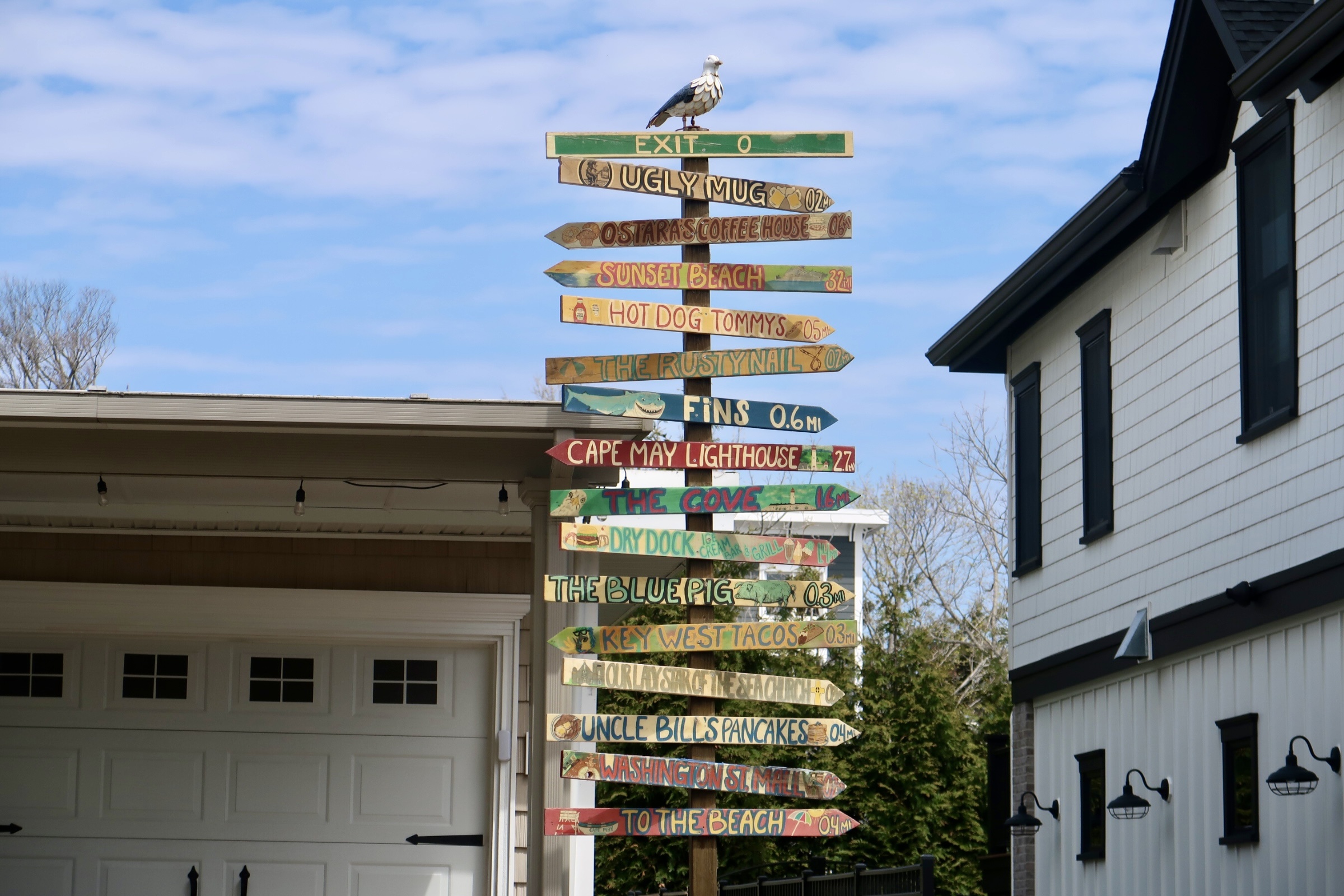 Sign on house lawn of different Cape May staples