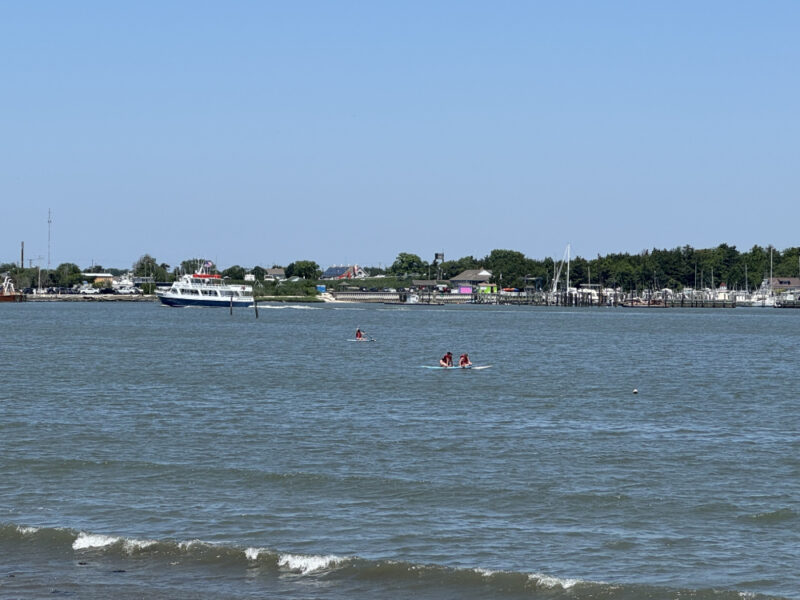 Kayaks, Boats, Whale Watcher boat on the inlet waters of Cape May