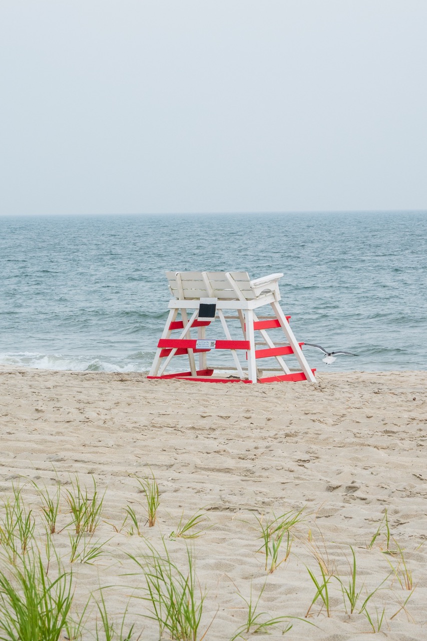 Peaceful view of a lifeguard stand with a seagull on the beach in Cape May NJ