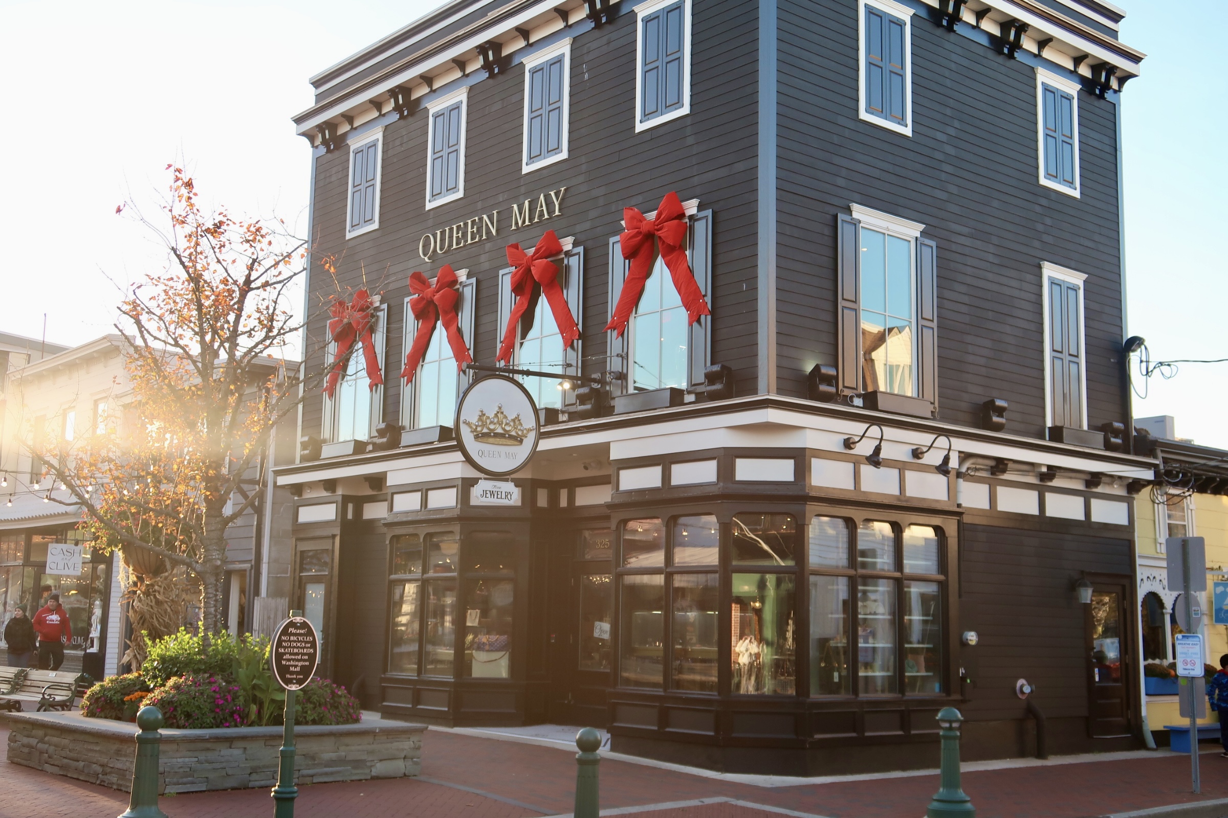 Queen May during holiday season with bows on windows