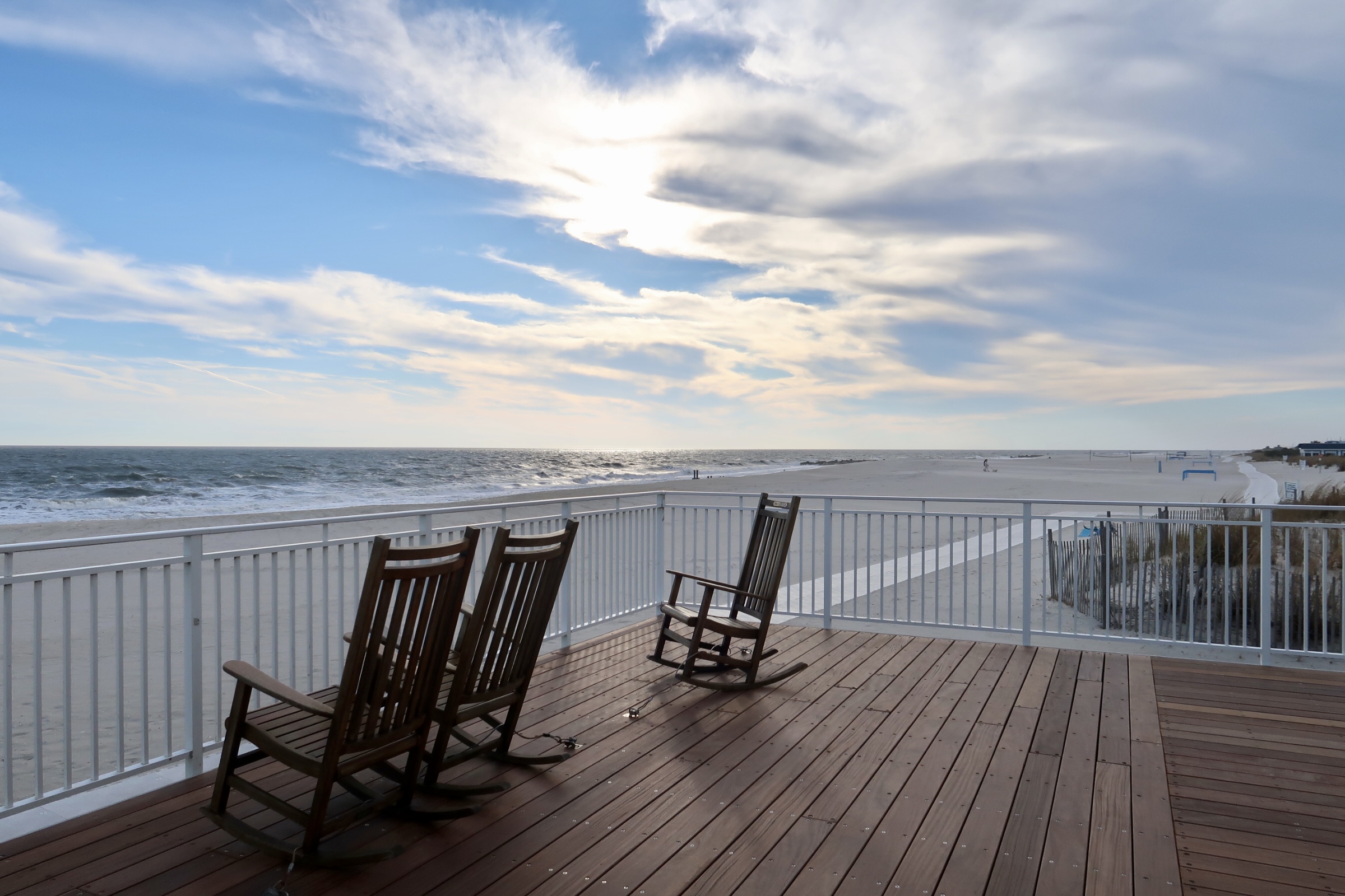 Empty rocking chairs at Convention Hall