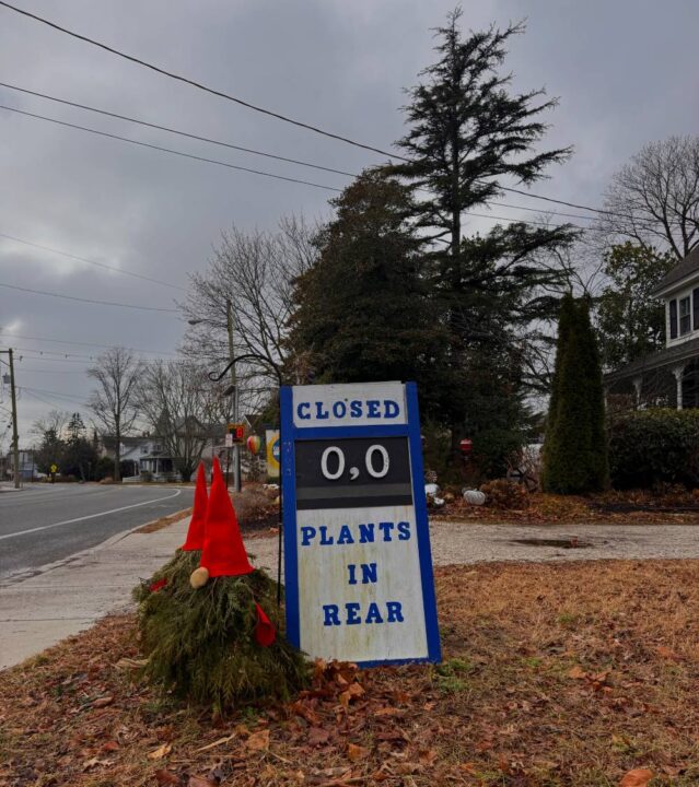 Garden Center sign stating they have zero plants, indicating the winter season is upon us. Time to hibernate!